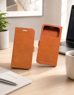 Étui anti-ondes en cuir fauve pour iPhone 17 Pro